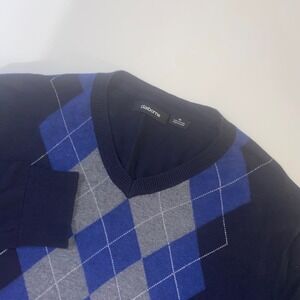 Claiborne Mens Navy Blue Argyle V-Neck 100% Cotton Knit Sweater Size M